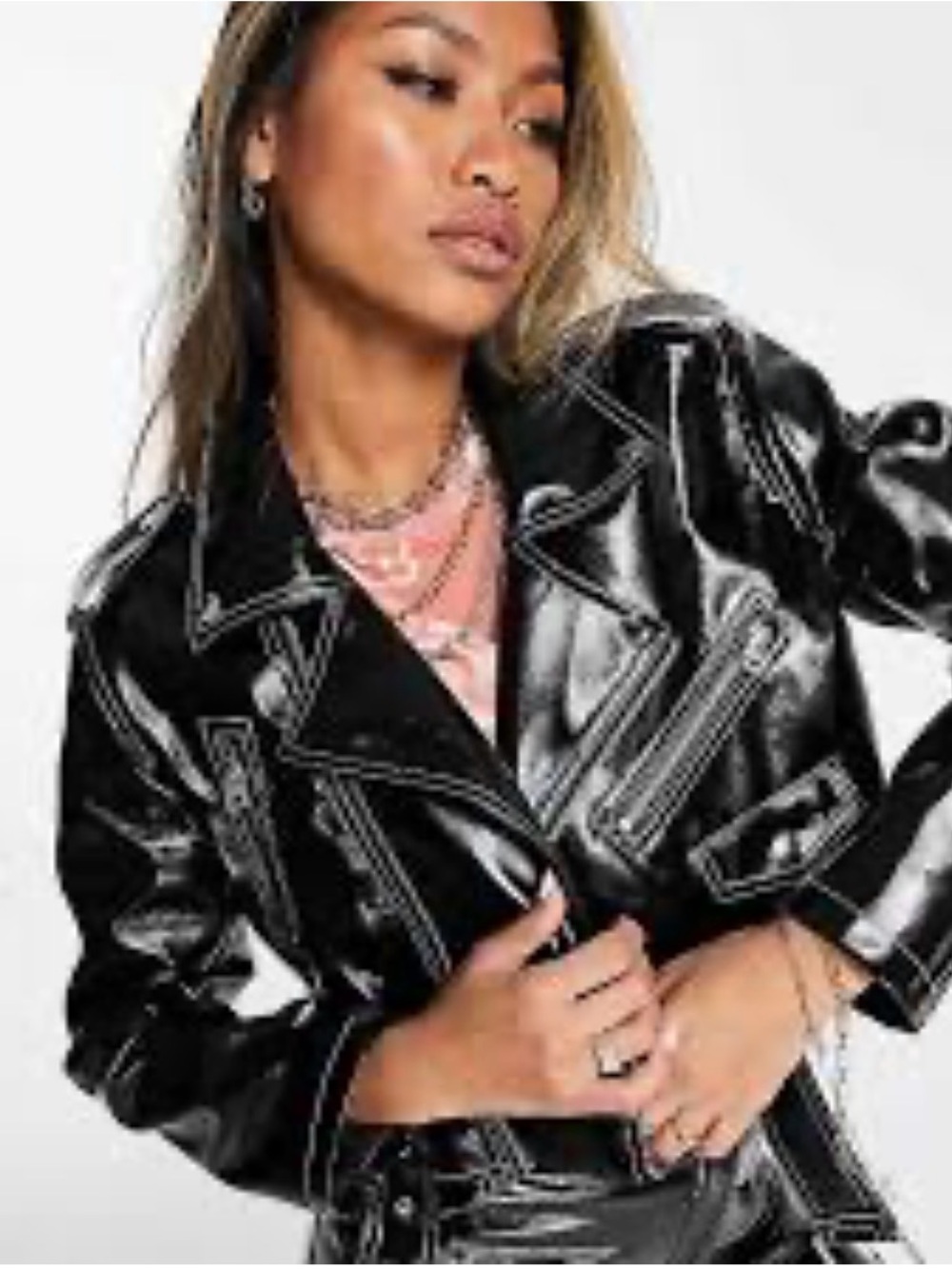 Topshop Black Faux Leather Moto Jacket with Contrast Stitching Worn Once Sz 14
